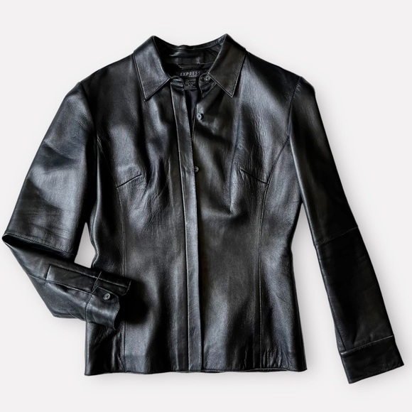 90s Express Leather Moto Fitted Shirt Light Jacket Button Front Black M - Picture 2 of 9